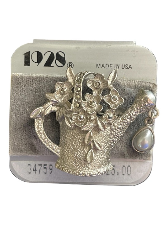 1928 Jewelry - 1928 Silver-Tone Watering Can Brooch with Pearl Drop